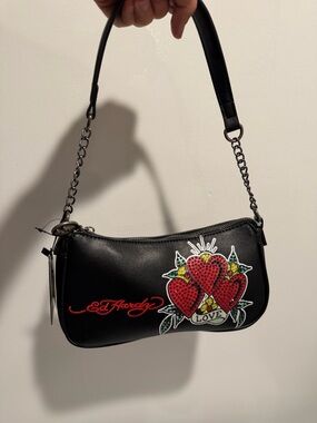 ED HARDY LOVE Triple SEQUINED HEARTS SHOULDER BAG SEQUINS Tattoo Crossbody NWT